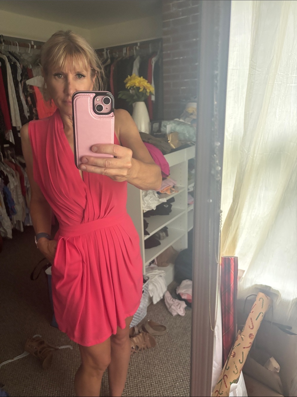 Lovers + Friends Coral-Pink Draped V-Neck Mini Dress